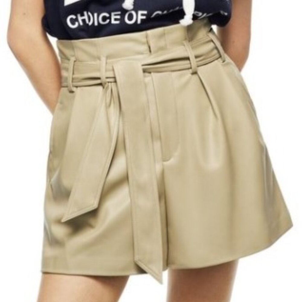 Zara Womens Faux Leather Pleated Front Shorts w/Pockets Olive Green Size S NWT